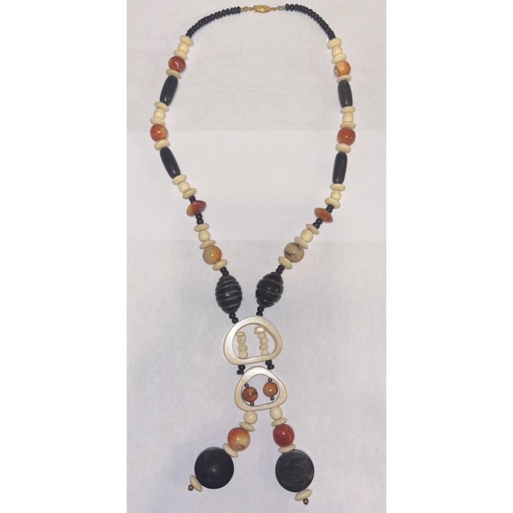 Vintage 1970s African Asian Necklace APPLE CORAL BEADS Camel Black Wood 24"